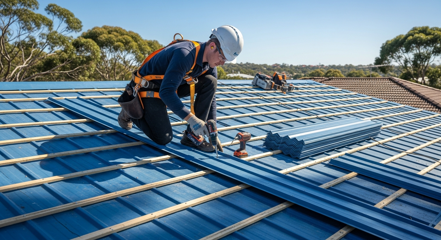 Professional roofer installing a new Colorbond roof in Sydney